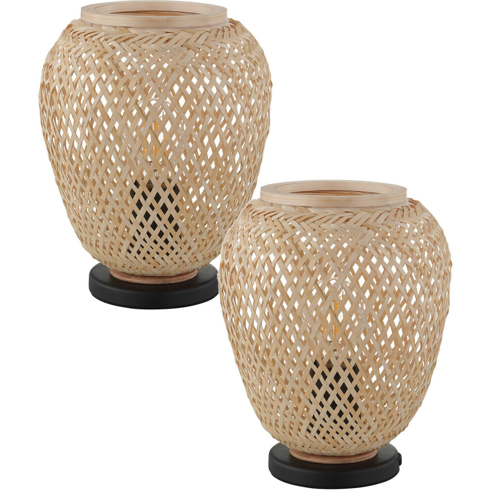 Loops 2 Pack Table Lamp Desk Light Black Base & Round Wicker Wood Shade 1X 40W E27