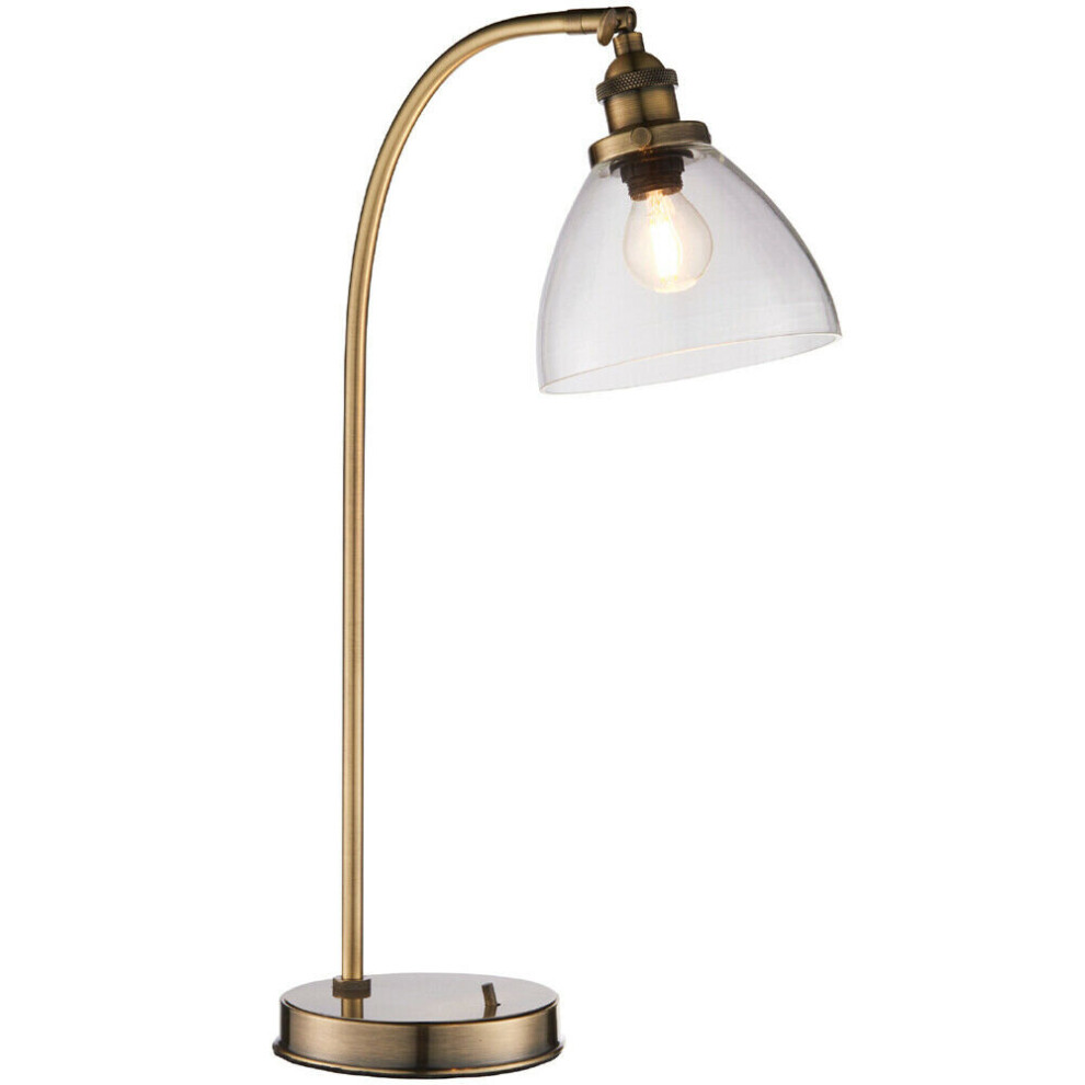 Industrial Curved Table Lamp Antique Brass & Glass Shade Modern Bedside Light