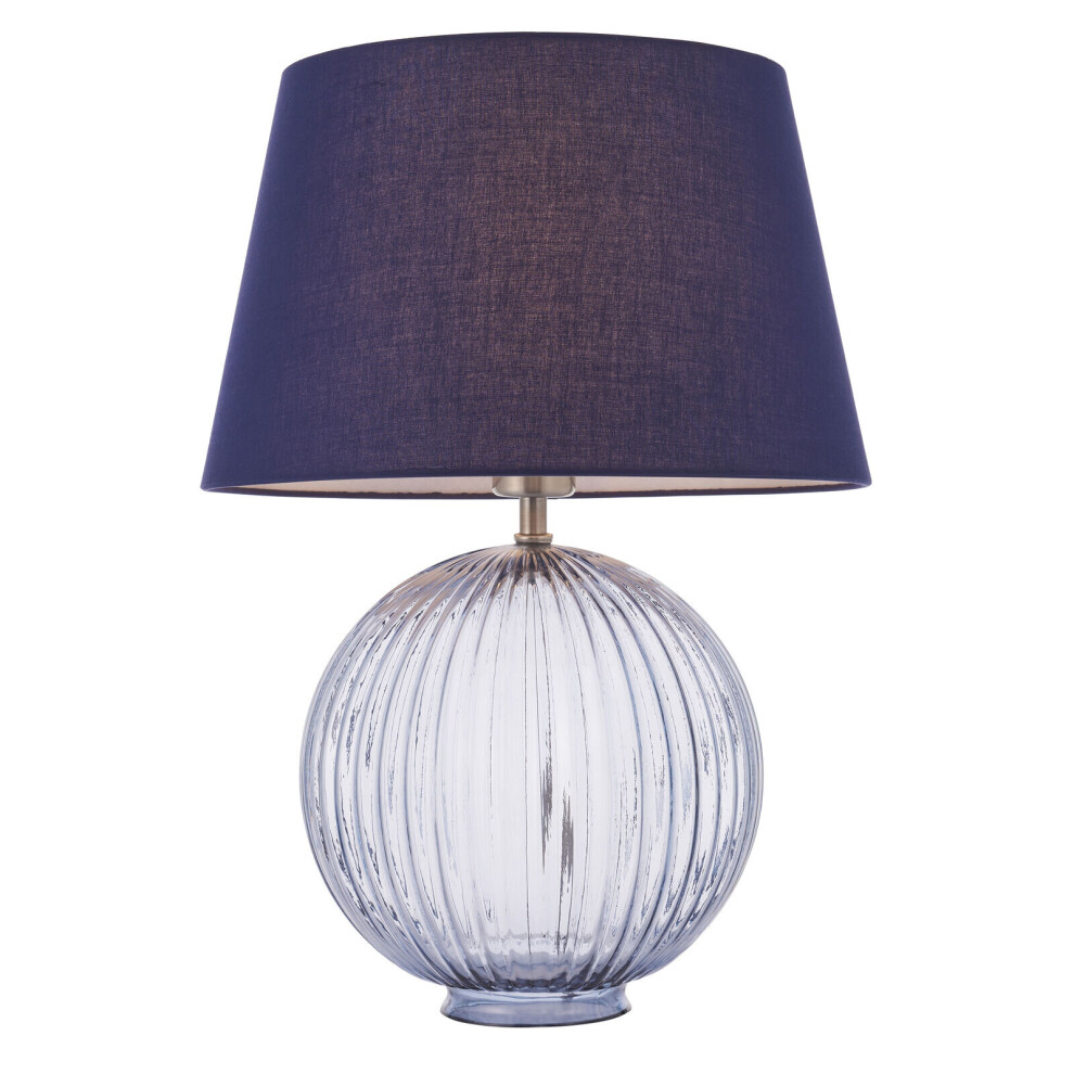 Table Lamp Smokey Grey Ribbed Glass & Navy Cotton 40W E27 GLS Base & Shade