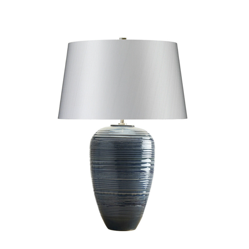 Loops Table Lamp Polished Nickel Accents Silver Faux Silk Shade Blue Glaze Led E27 60W