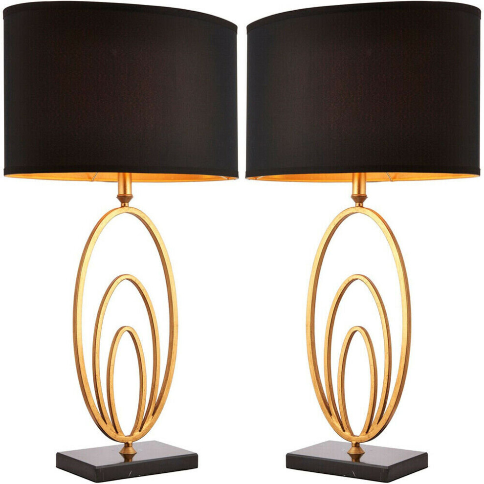 2 PACK Modern Table Lamp Light Gold Ring & Black Marble Square Base Round Shade