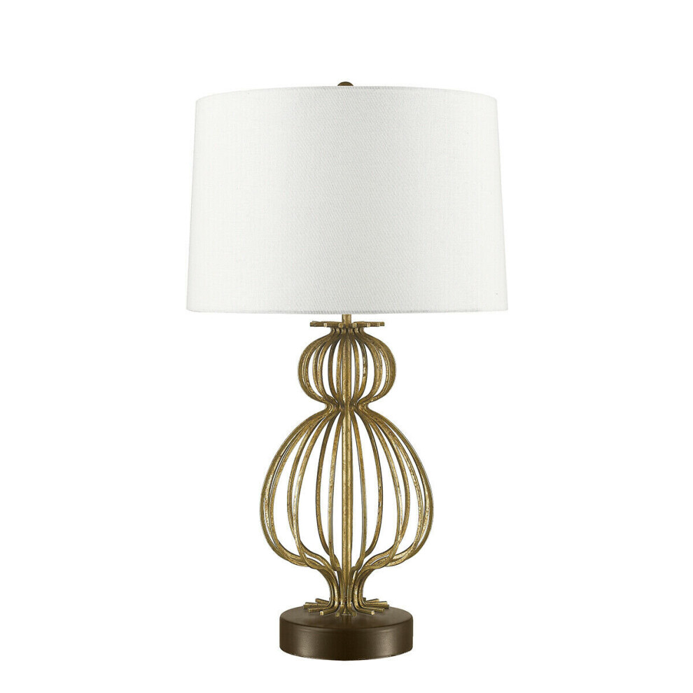 Loops Table Lamp Mocha Brown Steel Base Cream Linen Shade Distressed Gold Led E27 100W
