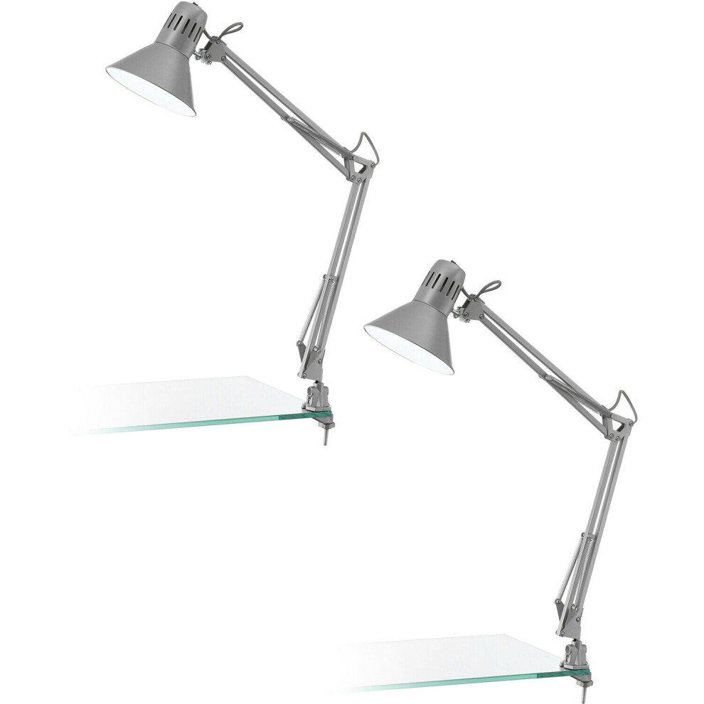 Loops 2 Pack Table Desk Lamp Clamp Moveable Silver Steel In Line Switch E27 1X40w