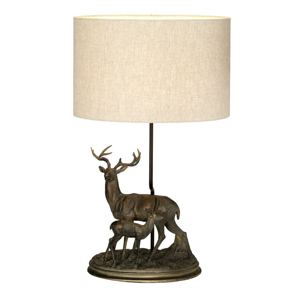 Loops Table Lamp Stag & Fawn Statuette Natural Hessian Shade Patina Led E27 40W Bronze
