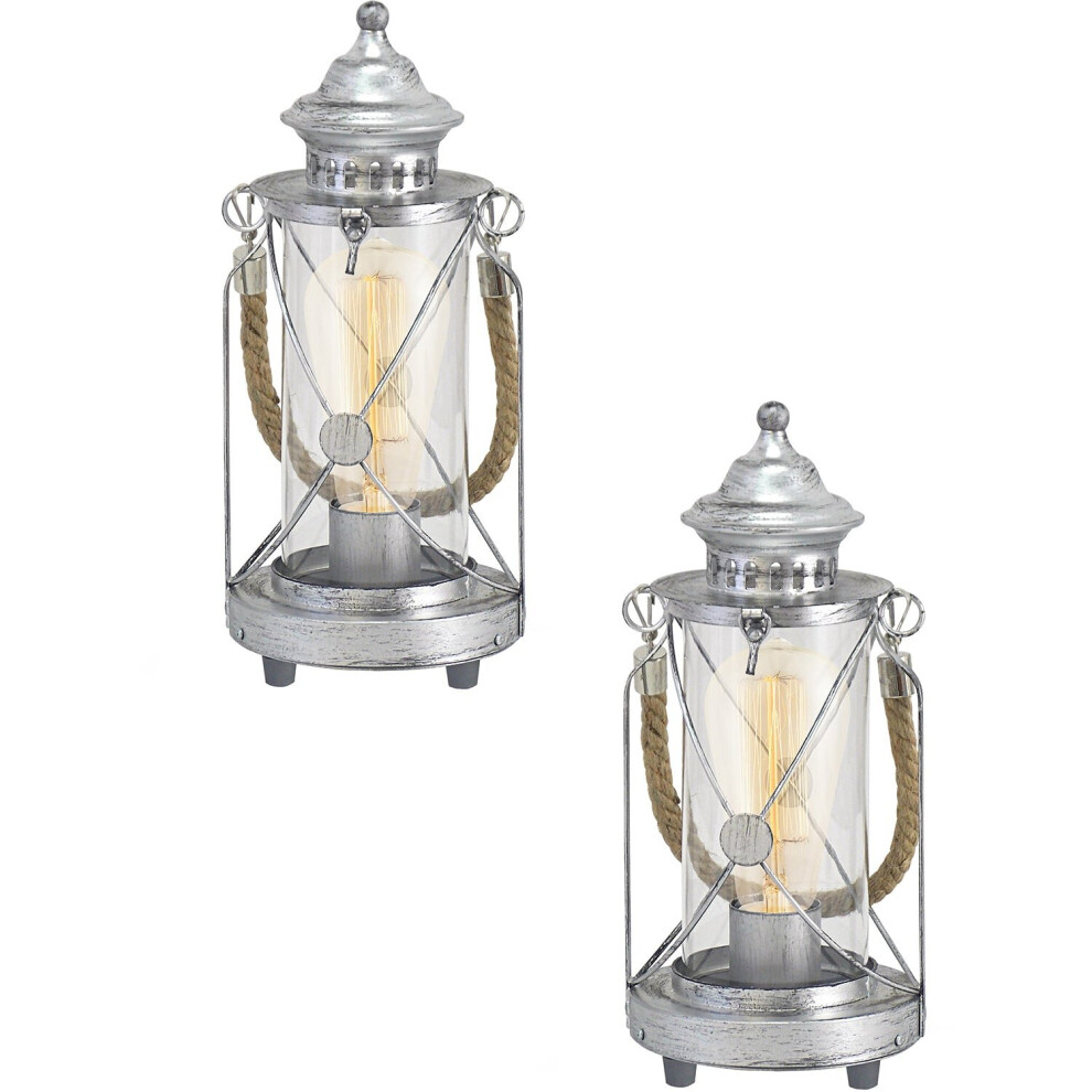 Loops 2 Pack Table Lamp Desk Light Antique Silver & Glass Lantern Shade 1X 60W E27