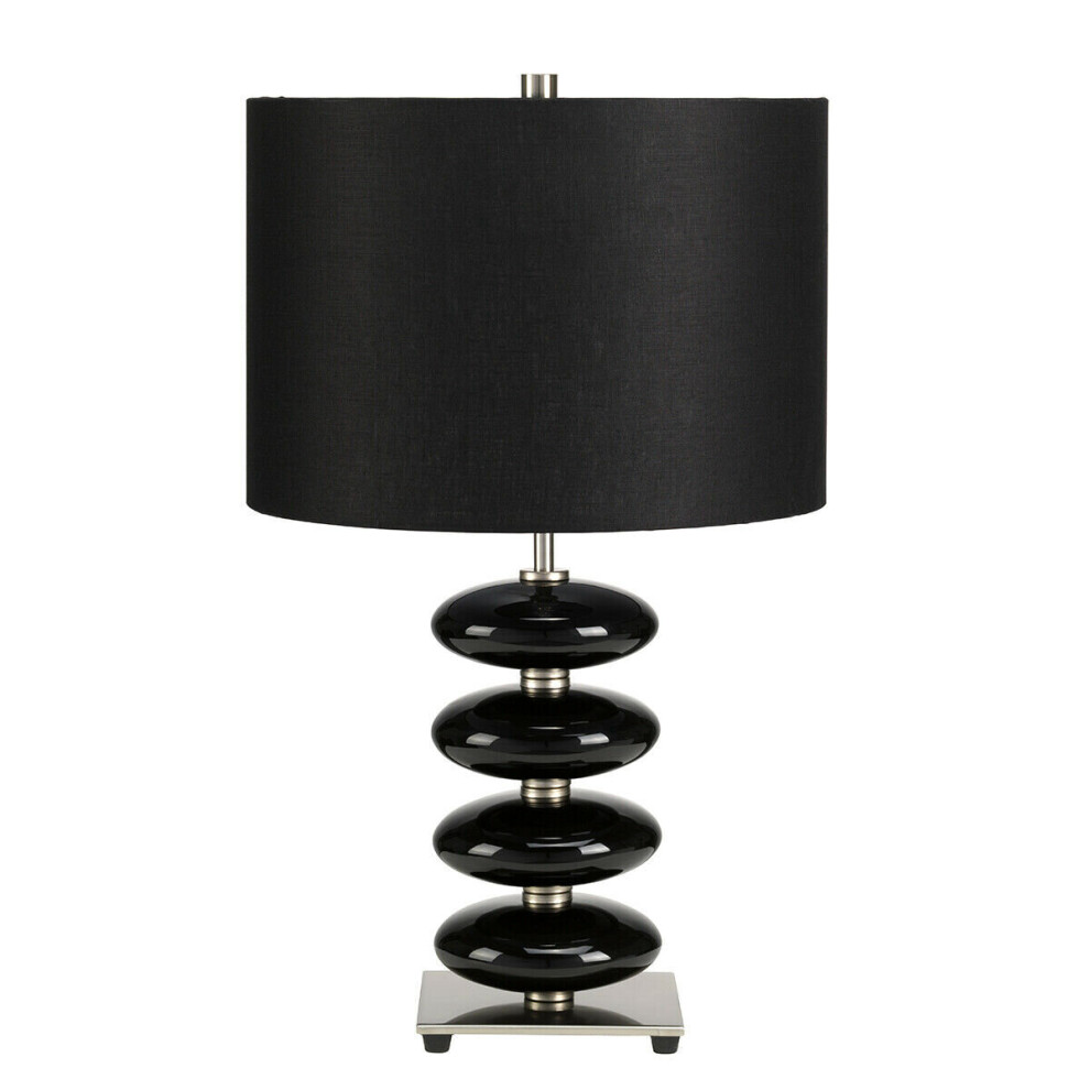 Loops Table Lamp Glazed Ceramic Squashed Orbs Black Faux Linen Shade Black Led E27 60W