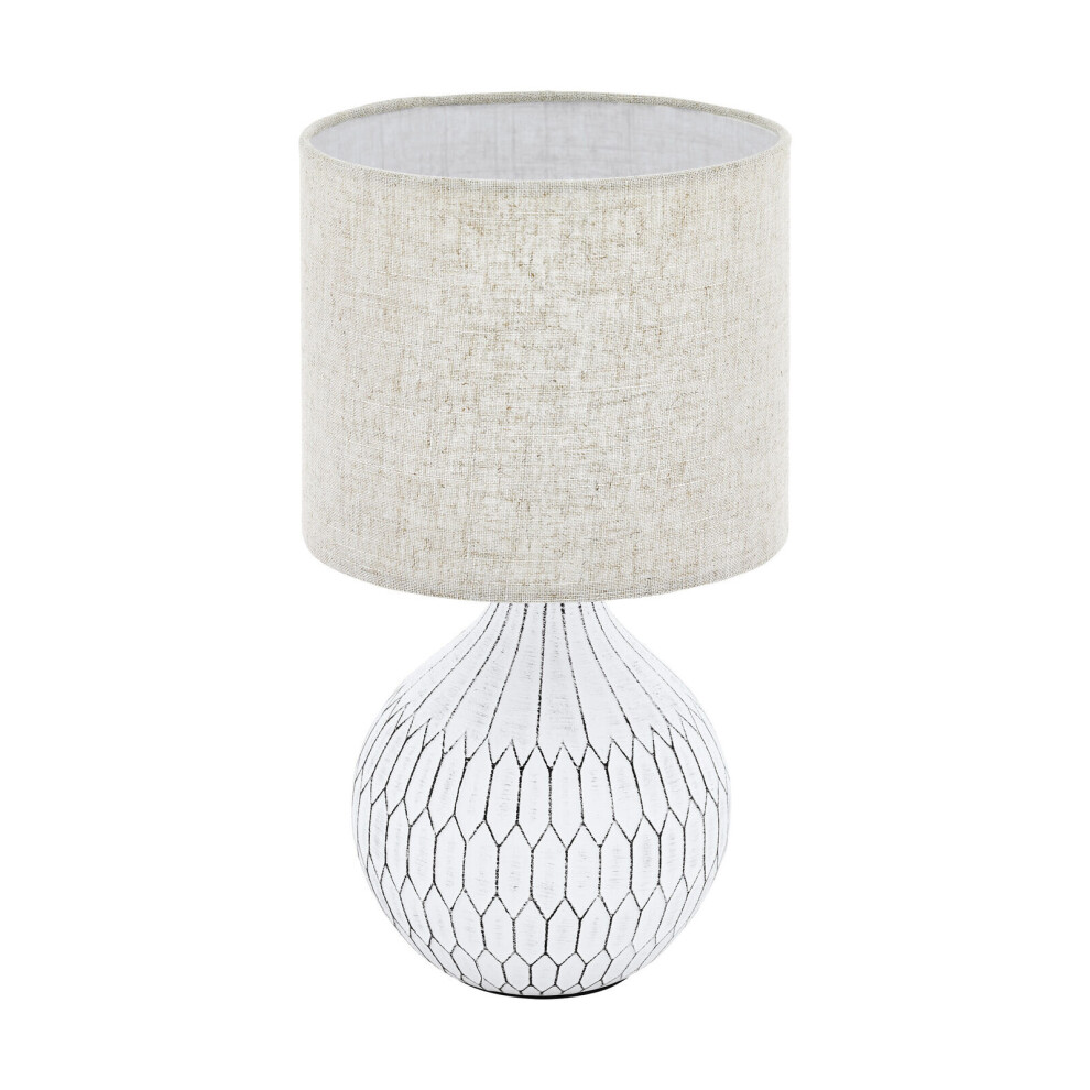 Table Lamp Colour White Patterned Base Shade Light Brown Fabric Linen E27 1x40W