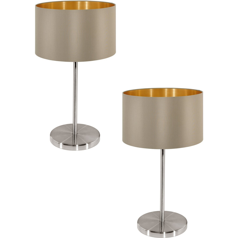 Loops 2 Pack Table Lamp Colour Satin Nickel Steel Shade Taupe Gold Fabric E27 1X60w
