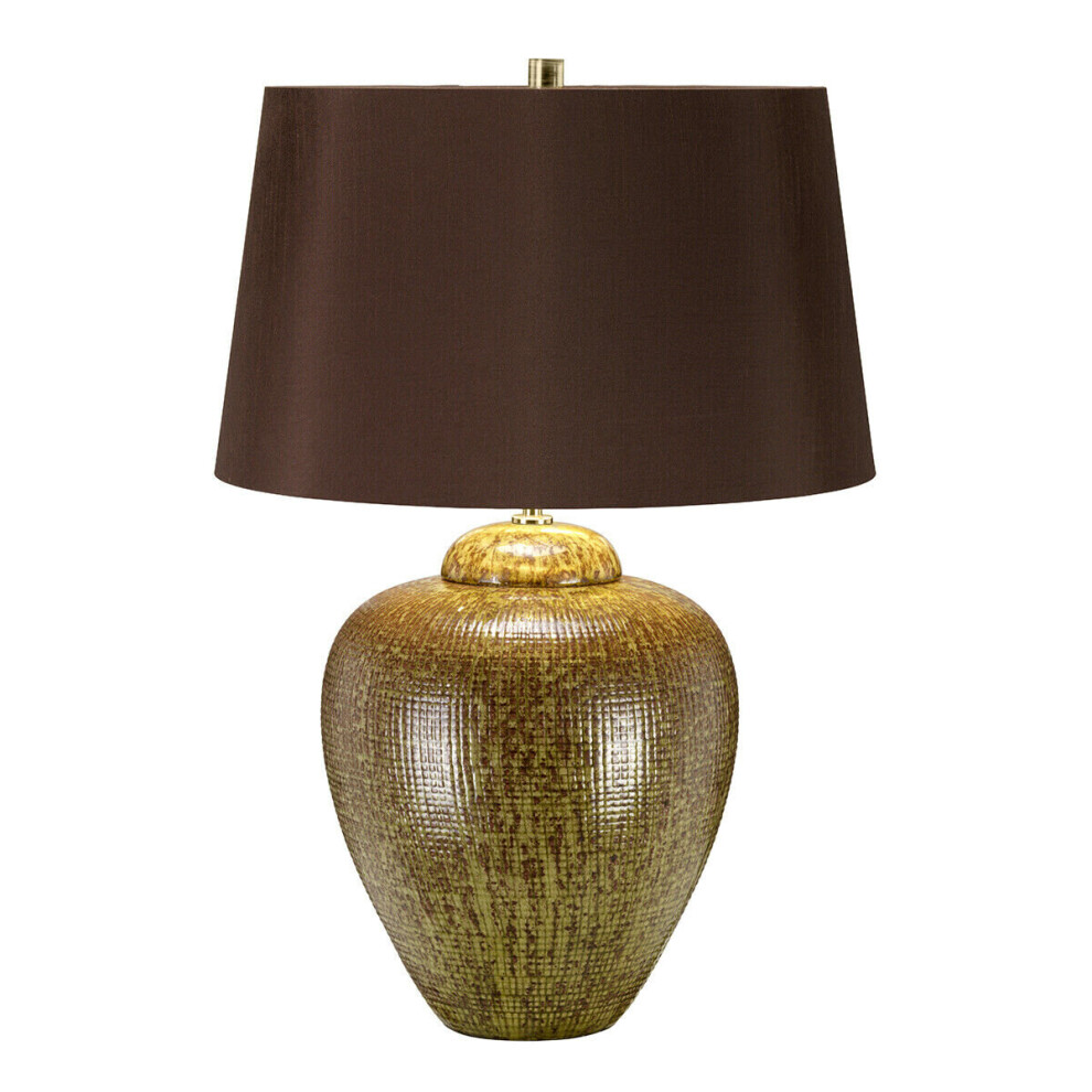 Loops Table Lamp Green Brown Glaze Finish Brown Tapered Cylinder Shade Led E27 60W