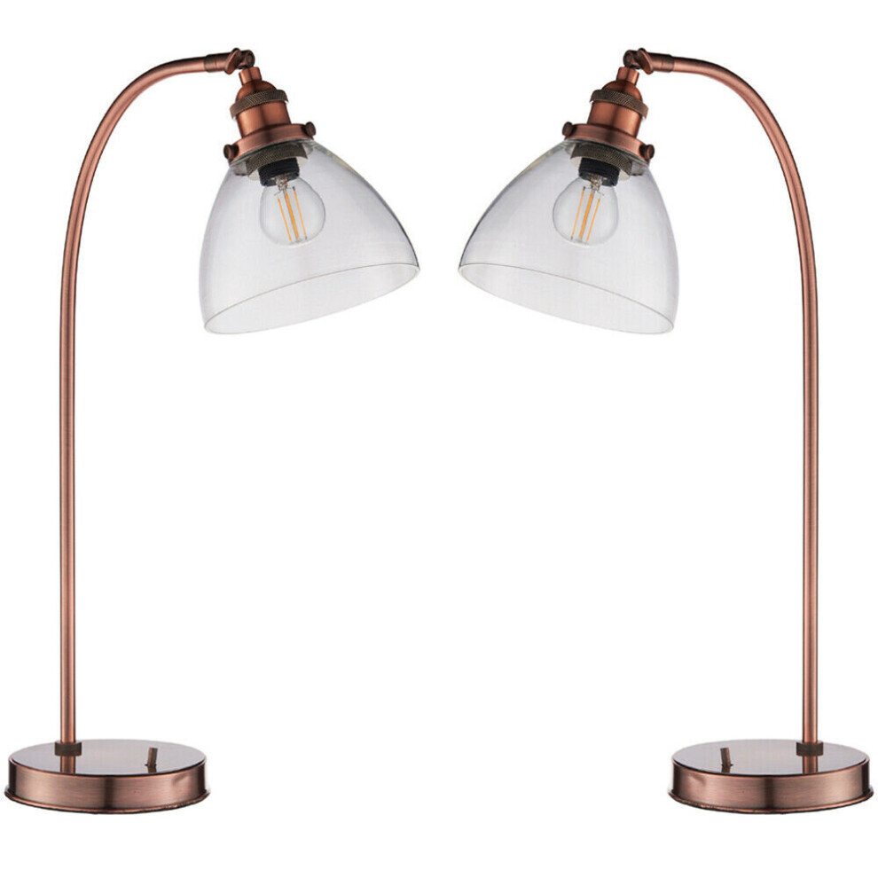 2 PACK Industrial Curved Table Lamp Tarnished Copper Glass Modern Bedside Light