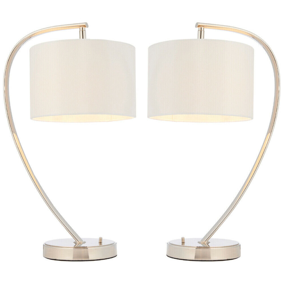 2 PACK Modern Curved Arm Table Lamp Nickel & White Shade Bedside Feature Light