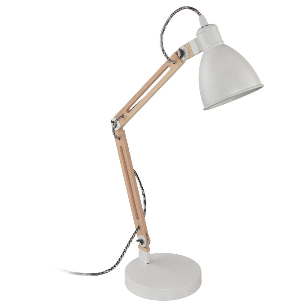 Loops Tabledesk Lamp Colour White Moveable Red Cable Shade Natural Wood Bulb E14 28W