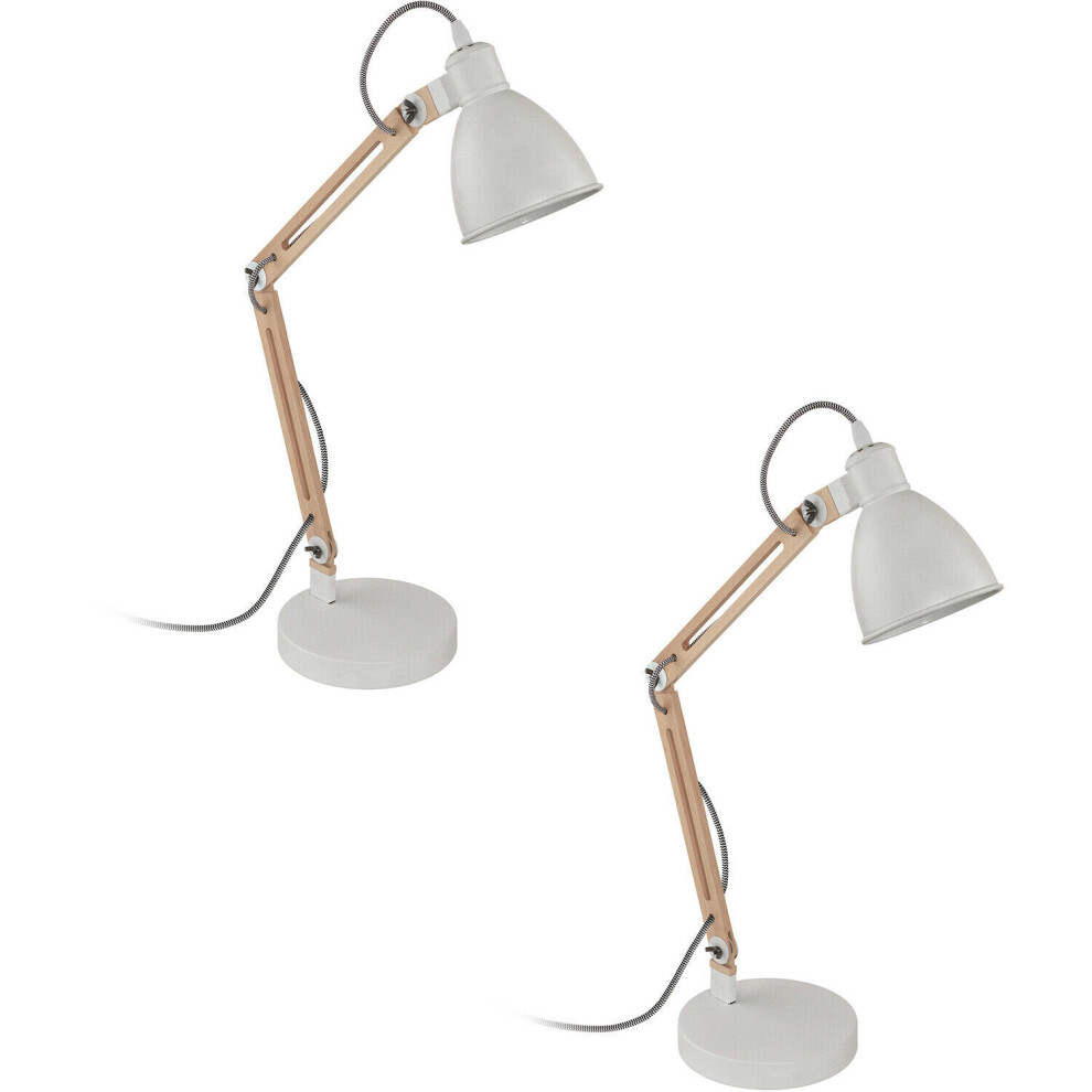 Loops 2 Pack Tabledesk Lamp Colour White Moveable Red Cable Shade Wood E14 28W
