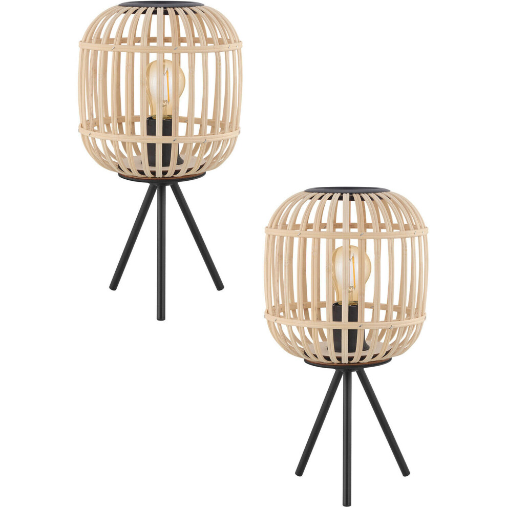 Loops 2 Pack Table Lamp Desk Light Black Tripod & Round Wood Cage Shade 1X 28W E27