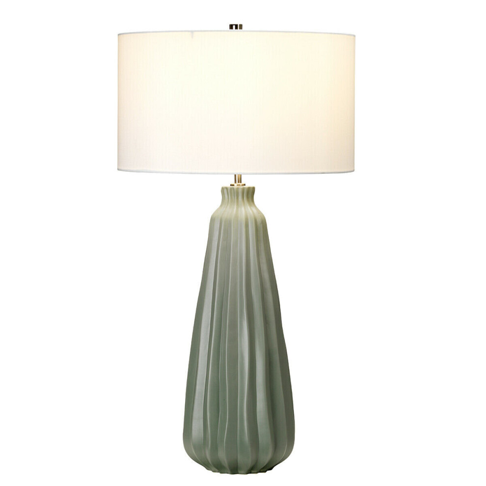 Loops Table Lamp Sage Green Ceramic White Faux Silk Cylinder Shade Led E27 60W