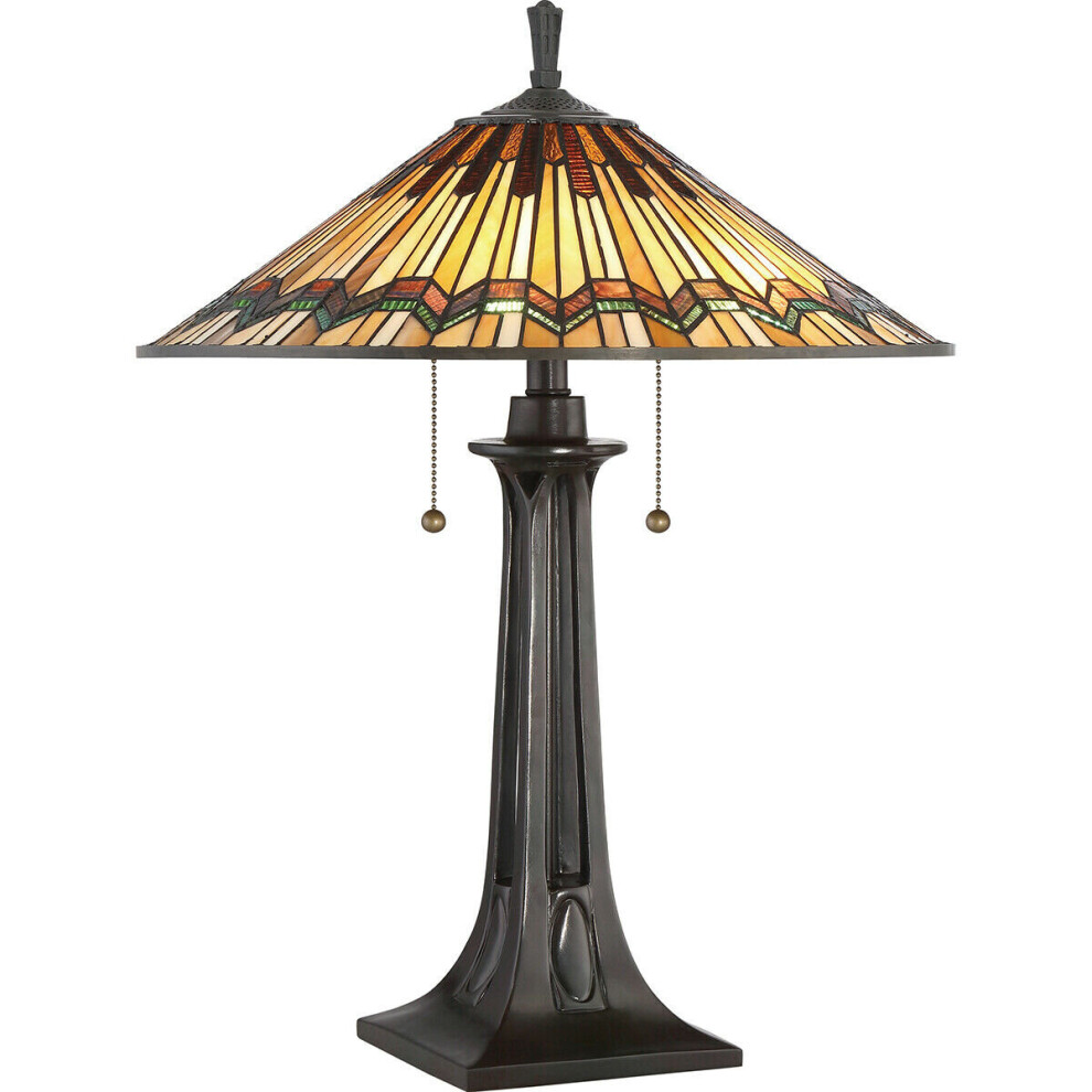 Loops 2 Bulb Twin Table Lamp Tiffany Style Coloured Glass Valiant Led E27 60W Bronze