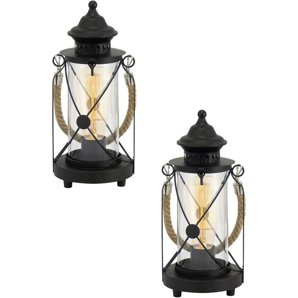 Loops 2 Pack Table Lamp Desk Light Black Steel & Glass Lantern Shade 1X 60W E27