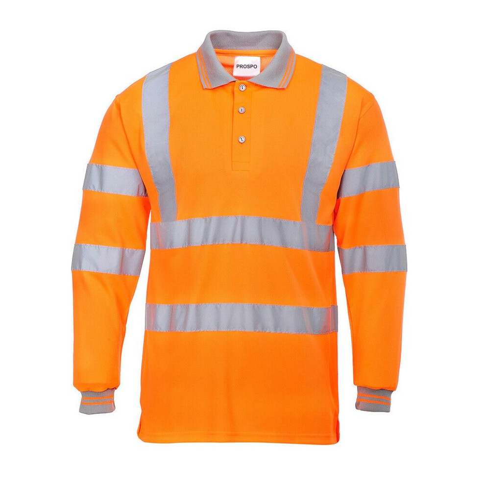 (Hi-Visibility Orange , M) Hi Viz Vis Polo-Shirt High Visibility Reflective Tape Safety Security Work Top