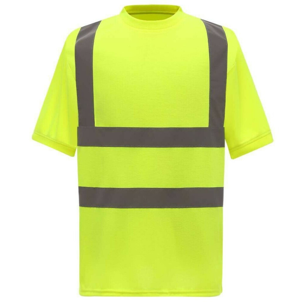 (Hi-Visibility Yellow, M) Hi Vis Viz T-Shirt High Visibility Reflective Tape Safety Security Work Top