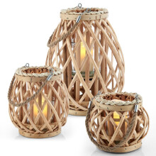 (NATURAL) LIVIVO 3Pcs Wicker Willow Candle Lantern Rope Basket Rustic Weave Natural Grey Hanging