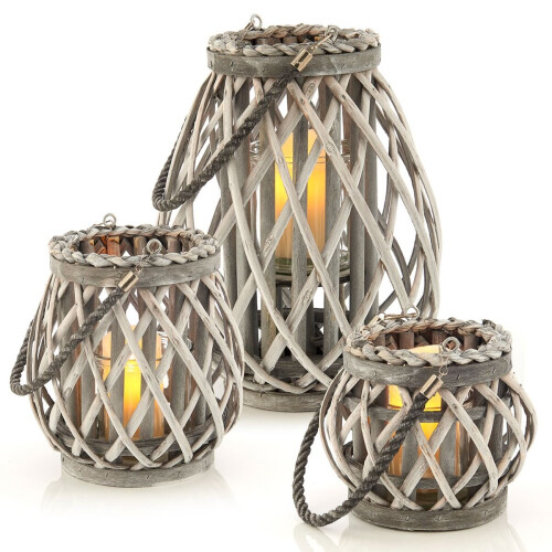 (GREY) LIVIVO 3Pcs Wicker Willow Candle Lantern Rope Basket Rustic Weave Natural Grey Hanging