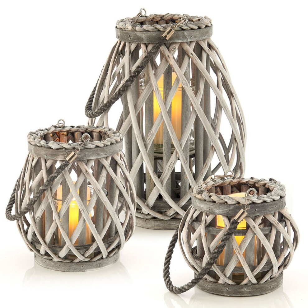 Livivo (Grey) 3Pcs Wicker Willow Candle Lantern Rope Basket Rustic Weave Natural Hanging Grey
