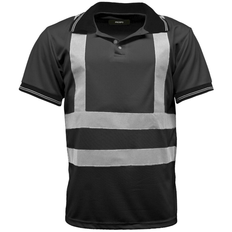 (Black, 2XL) Hi Viz Visibility Polo T Shirt Reflective Tape Safety High Vis Security Work Top