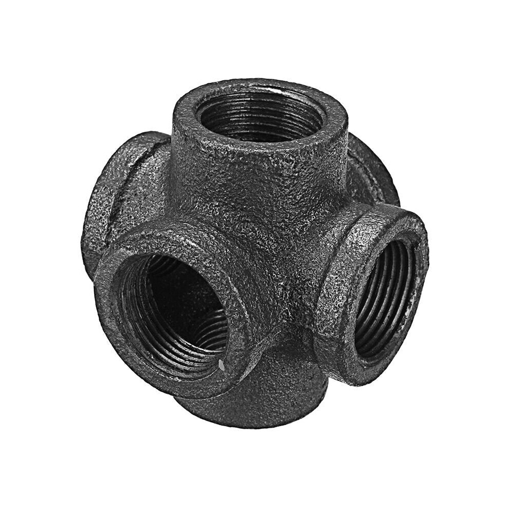 (1/2 Inch) 1/2" 3/4" 1" 6 Way Pipe Fitting Malleable Iron Black Double Outlet Cross Female Tube Connector