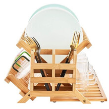 Worthyeah Bamboo Dish Drying Rack 3 Tier Collapsible Wooden Dish Drying Rack with Utensil Holder Plate Rack Holder for Kitchen Counter Large Foldin