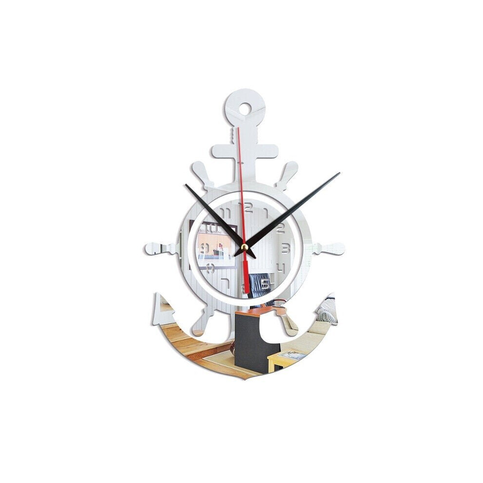 (Silver) 3D Anchor Helmsman Sailor Pirate Ship Mediterranean Style Wall Personality Clock