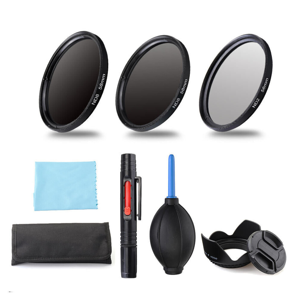 (72mm) ND2/4/8 49/52/55/58/62/67/72/77mm Lens Filter Storage Bag Lens Hood Cap Blower Brush Kit Set