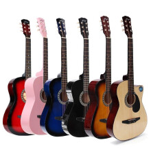 (Red) 38 Inch Wooden Angled Acoustic Guitar 6 Color Folk Guitar with Storage Bag Gift for Beginner