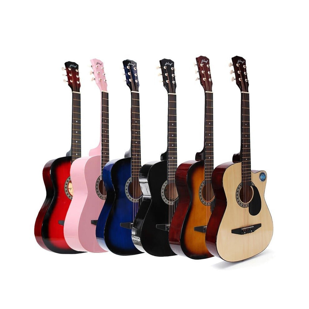 (Wood) 38 Inch Wooden Angled Acoustic Guitar 6 Color Folk Guitar with Storage Bag Gift for Beginner