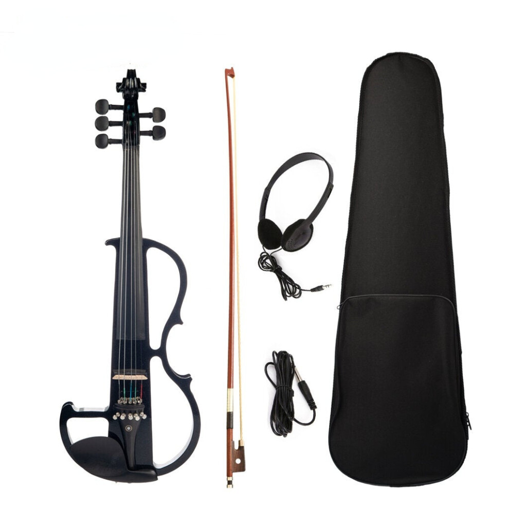 (Black) Full Size 4/4 Violin Electric Violin Fiddle Maple Body Fingerboard Pegs Chin Rest with Bow Case