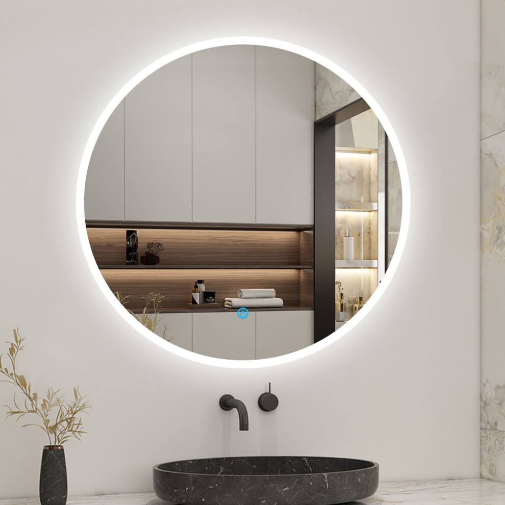 (800mm) Aica Round Bathroom Mirror LED Lights Demister