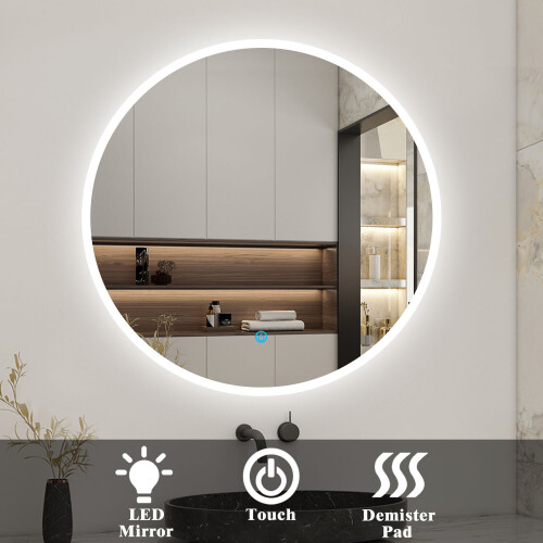 (800mm) Aica Round Bathroom Mirror LED Lights Demister 2