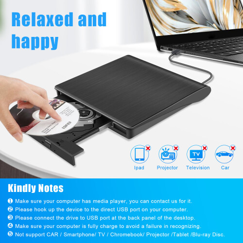 External CD DVD Drive for Laptop, USB 3.0 CD/DVD Player Burner Reader Writer Adapter, for Laptop Desktop PC Windows 11/10/8/7 MacBook Mac Linux OS 1