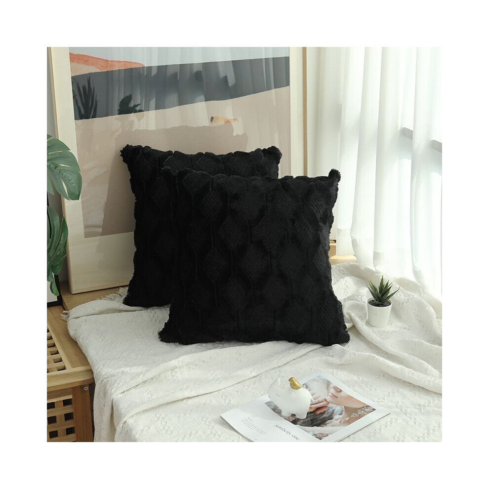 (Black, 50*50cm) Geometric Fluffy Sofa Cushion Cover Diamond Furry Pillowcase Home Decor