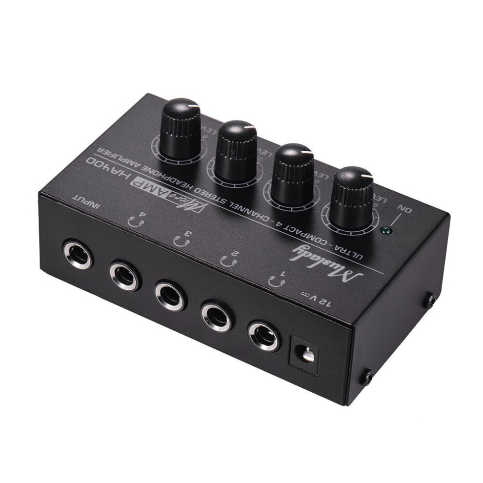 (Black, UK) Ultra-compact 4 Channels Mini Audio Stereo Headphone Amplifier with Power Adapter