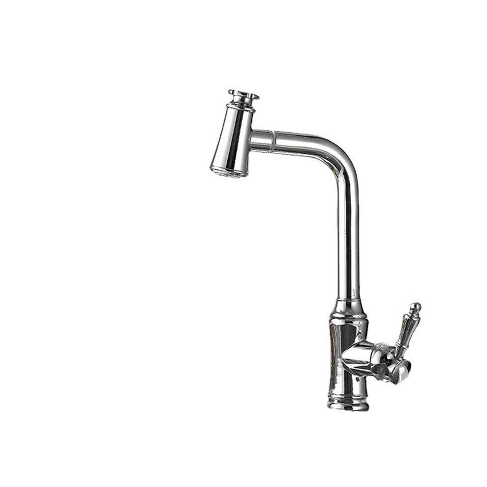 (Silver, 1/2) Kitchen Sink Faucet Pull-Out Sprayer Brass Hot Cold Water Mixer Tap Two Mode 360 Swivel With Hose