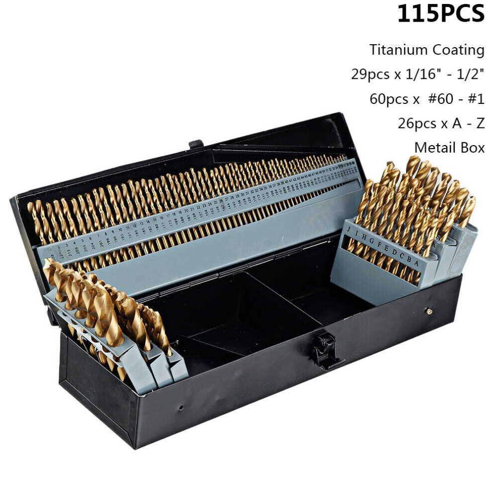 () 21/29/115 Pcs Titanium Coating Quick Change Twist Drill Set Individual HSS Drill Bits 1/16"-1/2" #60-#1 A-Z Round Shank Drill Set