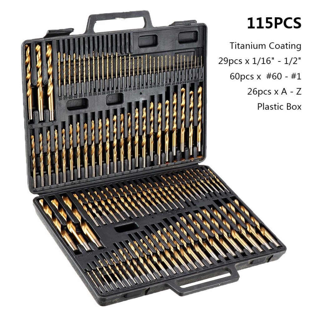 () 21/29/115 Pcs Titanium Coating Quick Change Twist Drill Set Individual HSS Drill Bits 1/16"-1/2" #60-#1 A-Z Round Shank Drill Set