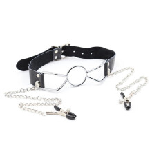 Adult Products Black Leather Mouth Plug Nipple Clip chain with Metal Chain for Flirting and Gagging Supplies