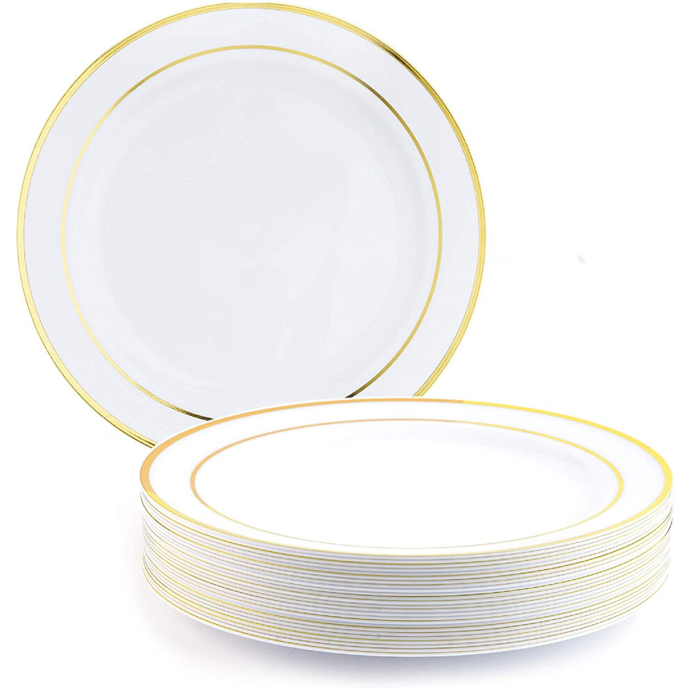 25 Premium Multi-Use Plastic Dinner Party Plates with Gold Rim - 26cm