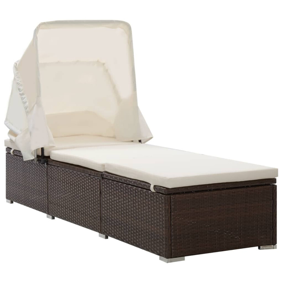 vidaXL Sun Lounger with Canopy and Cushion Poly Rattan Brown Patio Lounge Bed