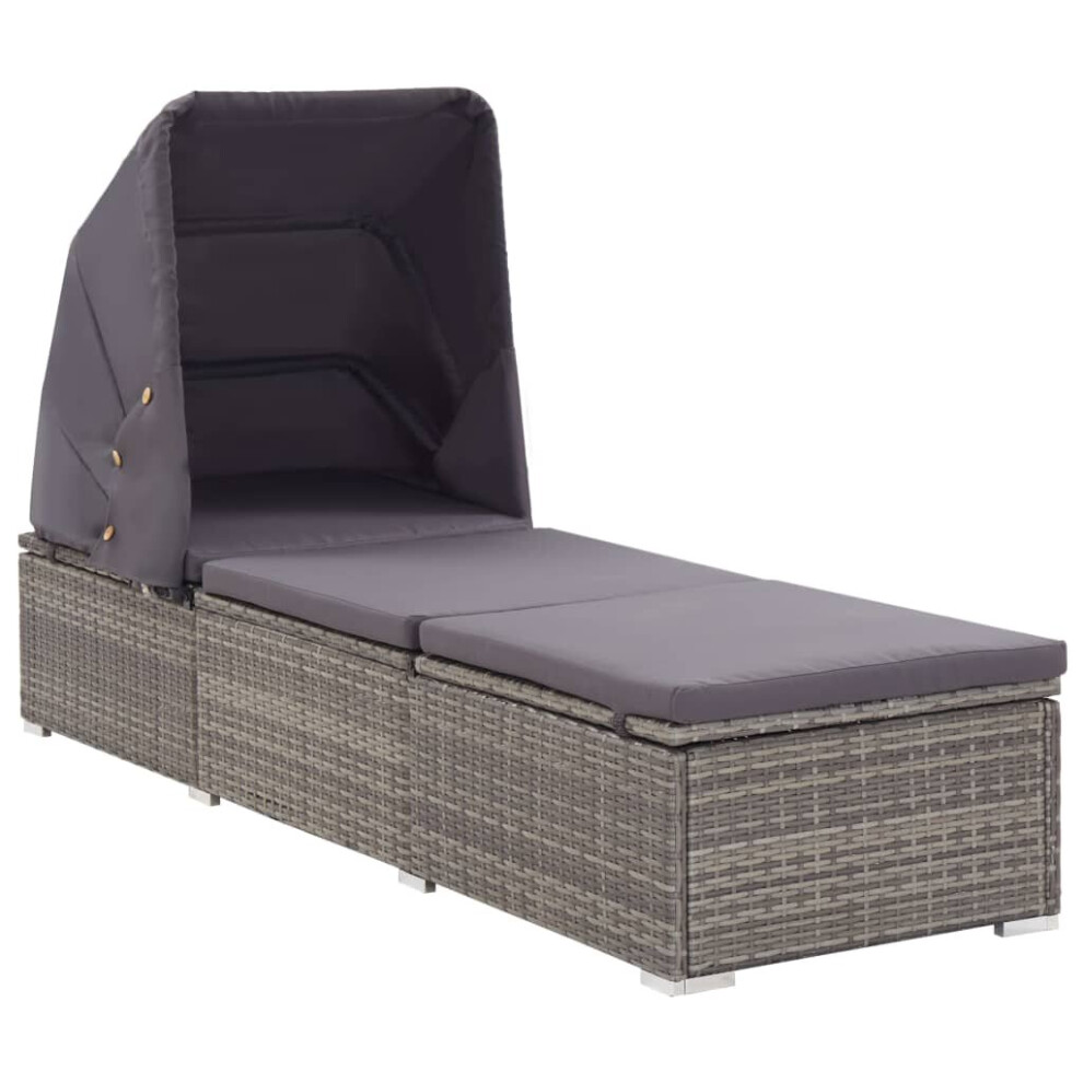 vidaXL Sun Lounger with Canopy and Cushion Poly Rattan Grey Patio Lounge Bed