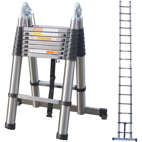 3.8m Stainless Steel Telescopic A-Frame Ladder – 12.5ft Multi-Purpose Extension, 150kg Load, EN131/CE, Anti-Pinch Lock