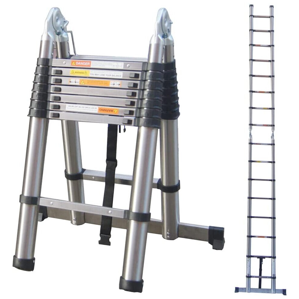 Hedii 3.8M Stainless Steel Telescopic A-Frame Ladder – 12.5Ft Multi-Purpose Extension, 150Kg Load, En131/Ce, Anti-Pinch Lock