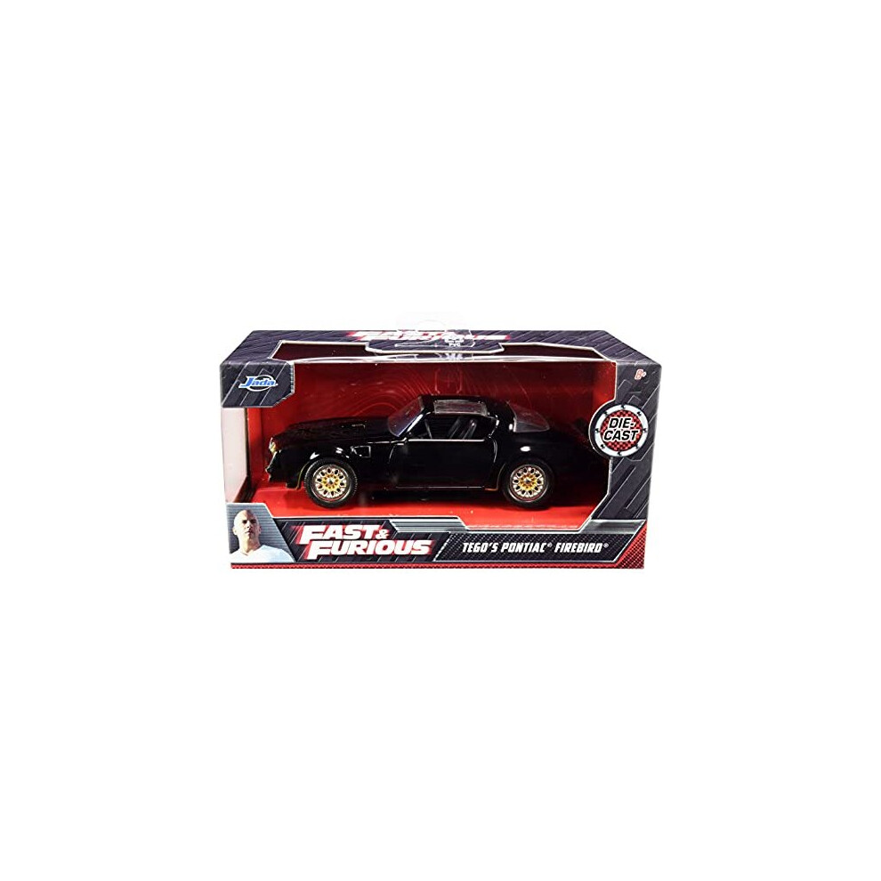 Tego's Pontiac Firebird Black with Gold Stripes and Hood Bird Fast & Furious Series 1/32 Diecast Model Car by Jada 30763