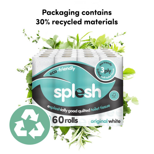 Cusheen Splesh Toilet Roll, Soft & Quilted Eco-Friendly, White, 60 Rolls 1